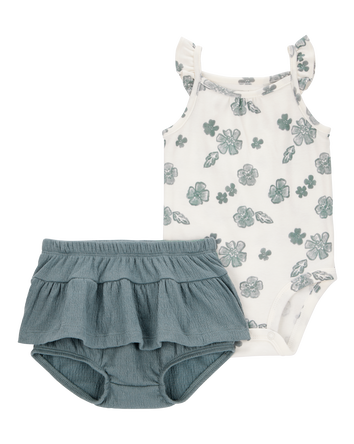 Baby 2-Piece Flutter-Sleeve Floral Bodysuit & Short Set - Ivory/Green, 