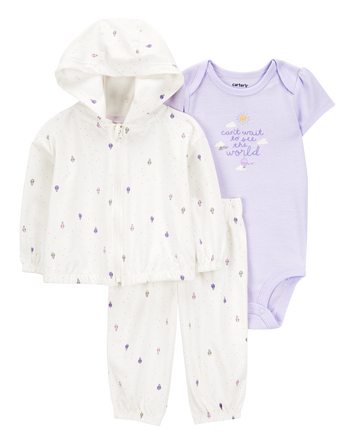 Baby Girl 3-Piece Hot Air Balloon Print Little Cardigan Set - White/Purple, 