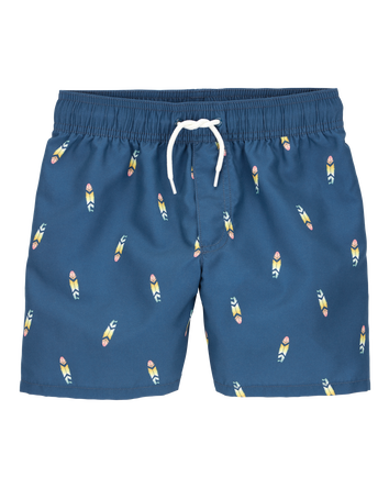 Boys Surfboard-Print Pull-On Swim Trunks, 