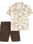 Brown - Toddler 2-Piece Dinosaur Button-Front Shirt & Short Set