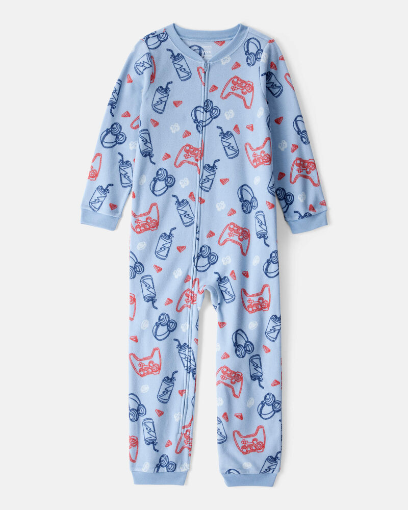 Boys Video Games Print Loose Fit Long-Sleeve Zip-Up 1-Piece Pajamas - Blue, image 1 of 3 slides