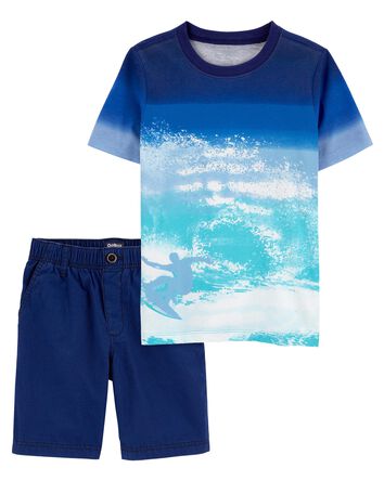 Kid 2-Piece Beach Print Ombre Tee & Stretch Chino Shorts Set
, 