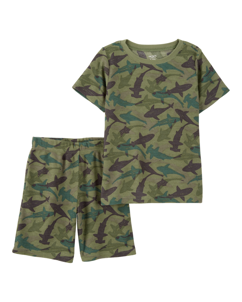 Boys Shark Print Loose Fit Waffle Knit 2-Piece Pajamas - Green, image 1 of 3 slides