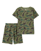 Boys Shark Print Loose Fit Waffle Knit 2-Piece Pajamas - Green, image 1 of 3 slides