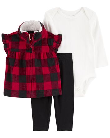 3-Piece Buffalo Check Fleece Little Vest Set, 