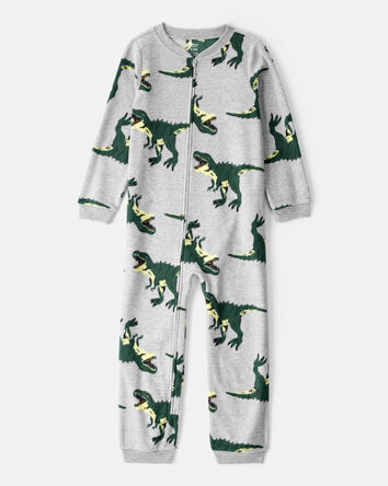 Boys Dinosaur Print Loose Fit Long-Sleeve Zip-Up 1-Piece Pajamas, 