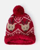 Baby Boy 2-Pack Reindeer Fair Isle Winter Hat & Mittens - Red, image 2 of 3 slides