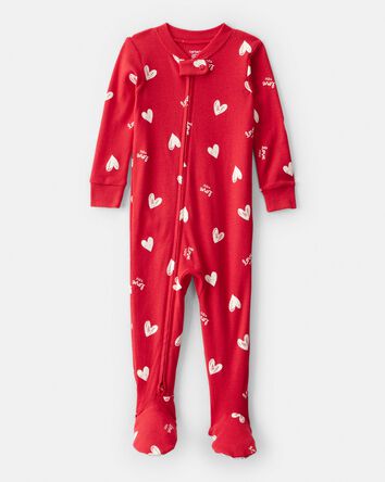 Baby Valentine's Day Heart 100% Cotton Loose Fit 2-Way Zip Footie 1-Piece Pajamas - Red, 