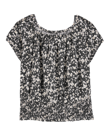 Kid Square Neck Linen Look-Alike Floral Top - Black, 