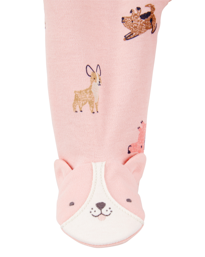 Baby Girl Dog Print 2-Way Zip Cotton Sleep & Play Pajamas - Pink, image 2 of 4 slides