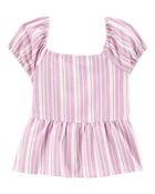 Kid 2-Piece Striped Peplum Top & Drawstring Pants Set - Pink/White, image 3 of 7 slides