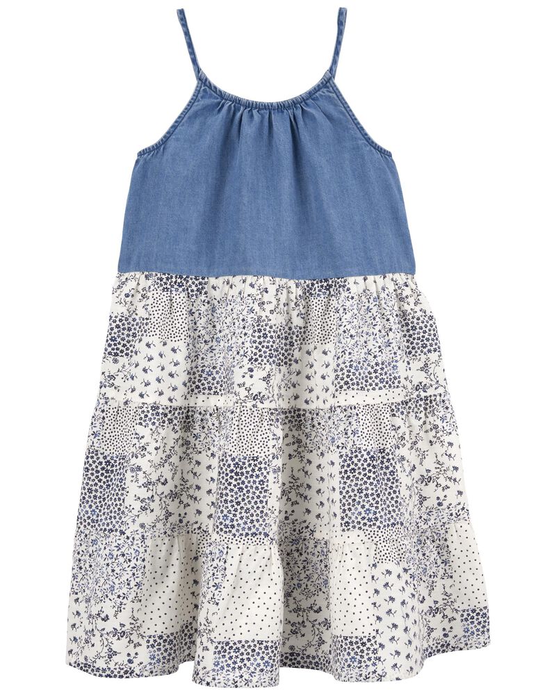 Kid Cotton Denim Patched Floral Dress, image 1 of 4 slides