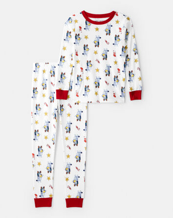 Kid Bluey Print 100% Cotton Long-Sleeve Snug Fit 2-Piece Pajamas - White, 