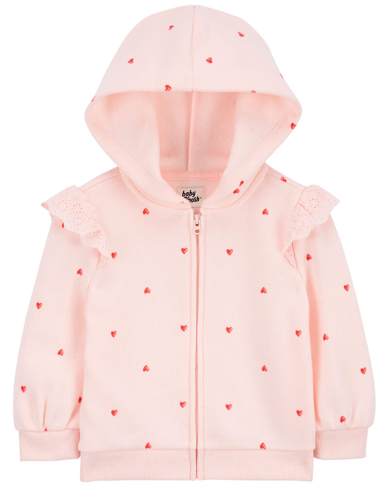 Baby Heart Print Eyelet Ruffle Zip Jacket, image 1 of 3 slides