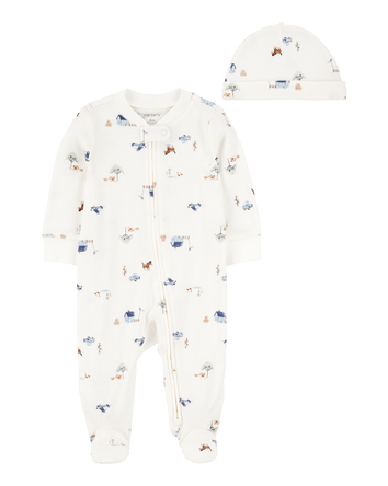 Baby 2-Piece 2-Way Zip Sleep & Play & Cap Set - Ivory/Blue, 