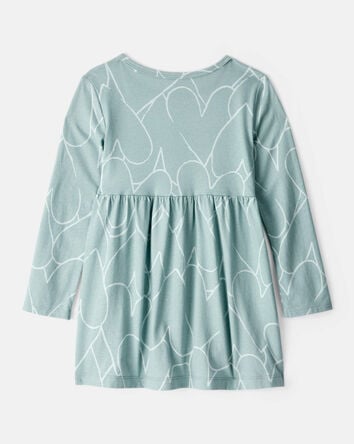 Toddler Girl Heart Print Long Sleeve Cotton Dress - Green, 