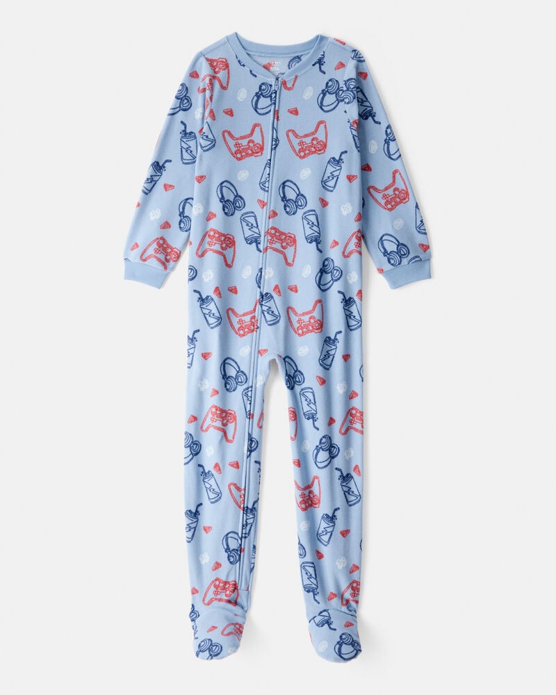 Boys Video Games Print Fleece Long-Sleeve Zip-Up 1-Piece Pajamas - Blue, image 1 of 3 slides