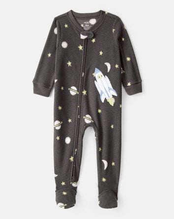 Toddler Boy Spaceship Star Print Fleece Loose Fit 1-Piece Pajamas - Grey, 