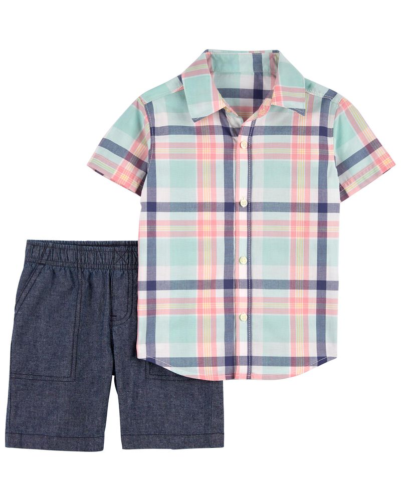 2-Piece Plaid Button-Front Shirt & Short Set, image 1 of 3 slides