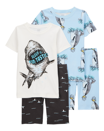 Kid Shark Print Snug Fit 4-Piece Pajamas, 
