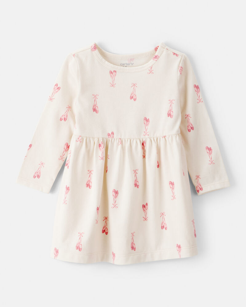 Baby Girl Ballet Slipper Print Long-Sleeve Dress - Ivory, image 1 of 4 slides