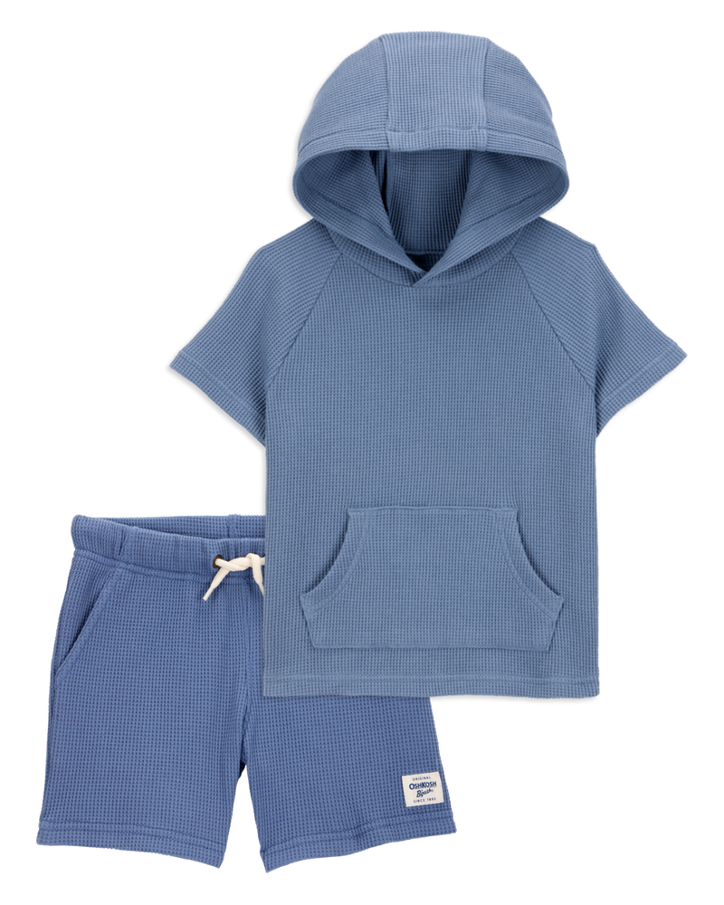 Toddler 2-Piece Waffle Knit Hooded Pullover & Drawsting Shorts Set - Blue, image 1 of 9 slides