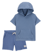 Toddler 2-Piece Waffle Knit Hooded Pullover & Drawsting Shorts Set - Blue, image 1 of 9 slides