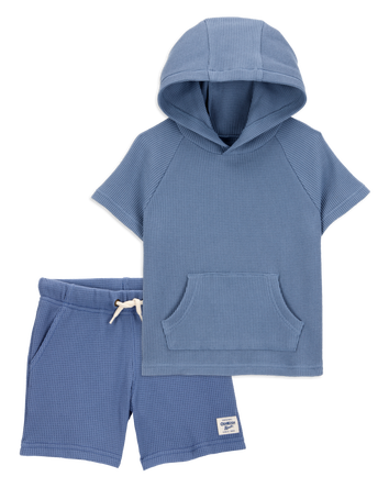 Toddler 2-Piece Waffle Knit Hooded Pullover & Drawsting Shorts Set - Blue, 