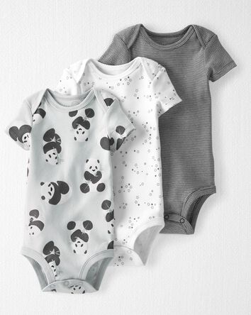 Baby Organic Cotton 3-Pack Panda-Print & Striped Bodysuits, 