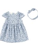 Blue - Baby Floral Print Dress and Headwrap Set