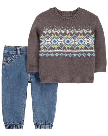 Baby Fair Isle Sweater & Denim Jeans Set, 