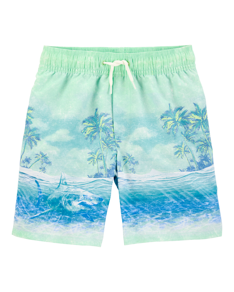 Boys Shark Print  Swim Trunks, image 1 of 5 slides