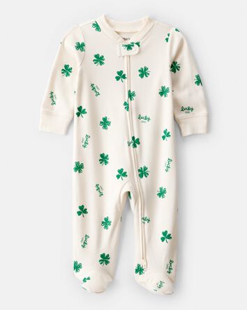 Baby St. Patrick's Day 100% Cotton Snug Fit 2-Way Zip Sleep & Play Pajamas - Ivory, 