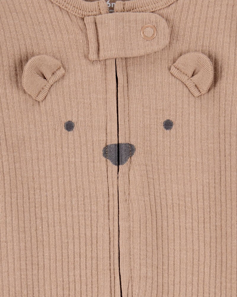 Baby Bear 2-Way Zip Ribbed Sleep & Play Pajamas - Brown, image 2 of 3 slides