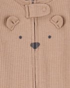 Baby Bear 2-Way Zip Ribbed Sleep & Play Pajamas - Brown, image 2 of 3 slides