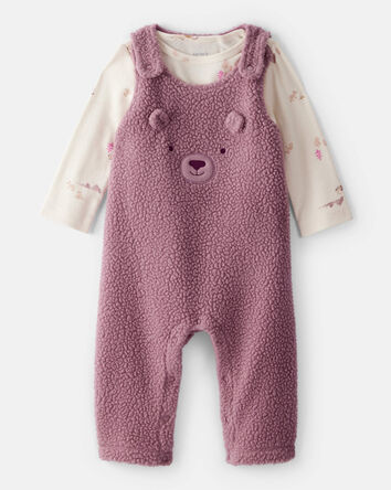 Baby Girl 2-Piece Bear Sherpa Long-Sleeve Snug Fit Overall Set - Purple, 