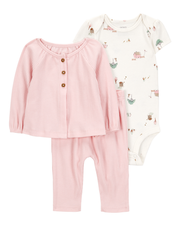Baby 3-Piece Barn Print Little Cardigan Set - Pink/White, 