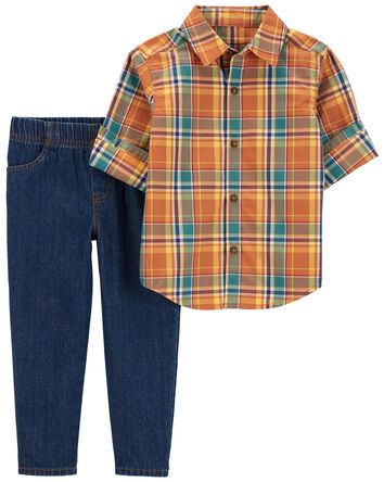 Toddler 2-Piece Button-Front Shirt & Pant Set, 