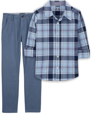 Kid 2-Piece Plaid Button-Front Shirt & Chino Pants Set, 