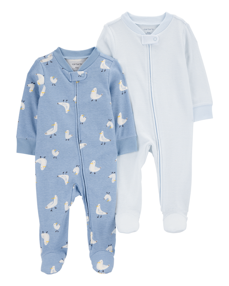 Baby 2-Pack Seagull Striped 2-Way Zip Cotton Sleep & Play Pajamas - Blue, image 1 of 4 slides