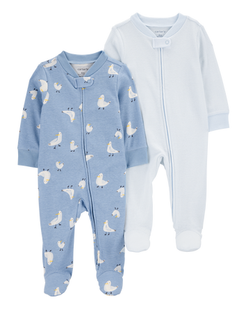 Baby 2-Pack Seagull Striped 2-Way Zip Cotton Sleep & Play Pajamas - Blue, 