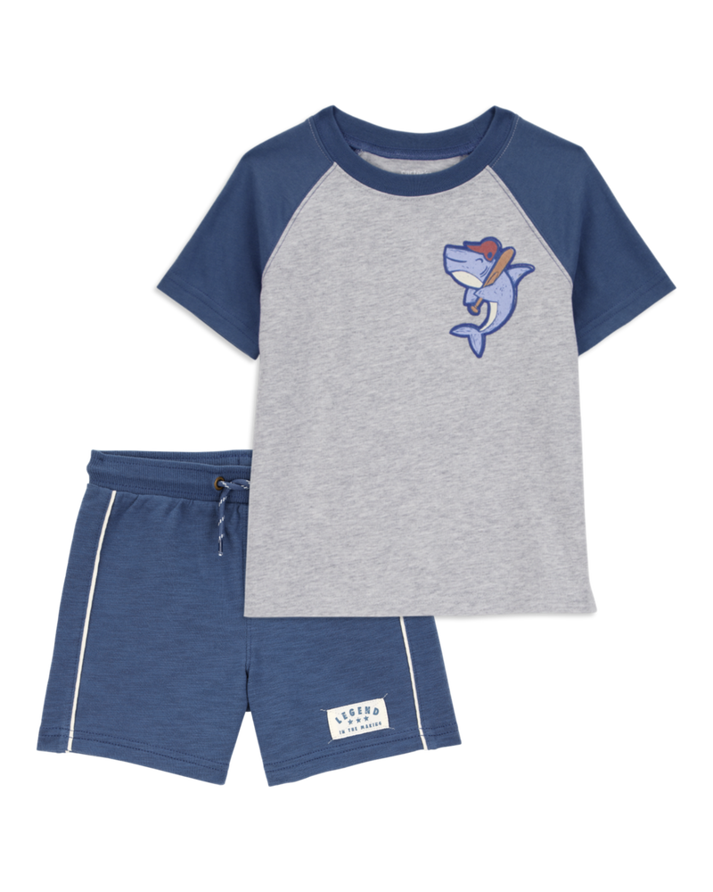 Toddler 2-Piece Shark Raglan Tee & Pull-On Shorts Set - Grey/Navy, image 1 of 8 slides