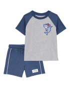 Toddler 2-Piece Shark Raglan Tee & Pull-On Shorts Set - Grey/Navy, image 1 of 8 slides