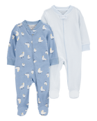 Baby 2-Pack Seagull Striped 2-Way Zip Cotton Sleep & Play Pajamas - Blue, image 1 of 4 slides