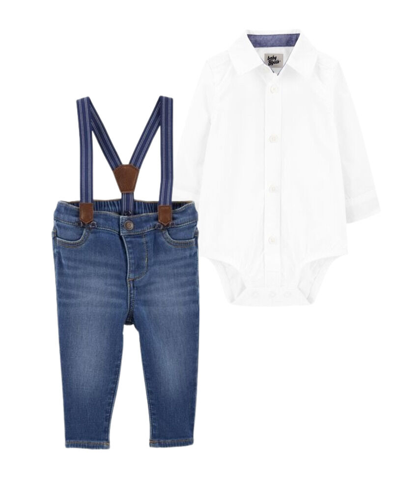 Baby 2-Piece Button-Front Bodysuit & Suspenders Jeans Set, image 1 of 1 slides