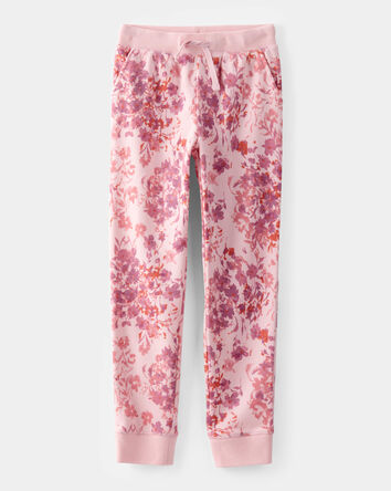 Girls Floral Fleece Drawstring Joggers - Pink, 