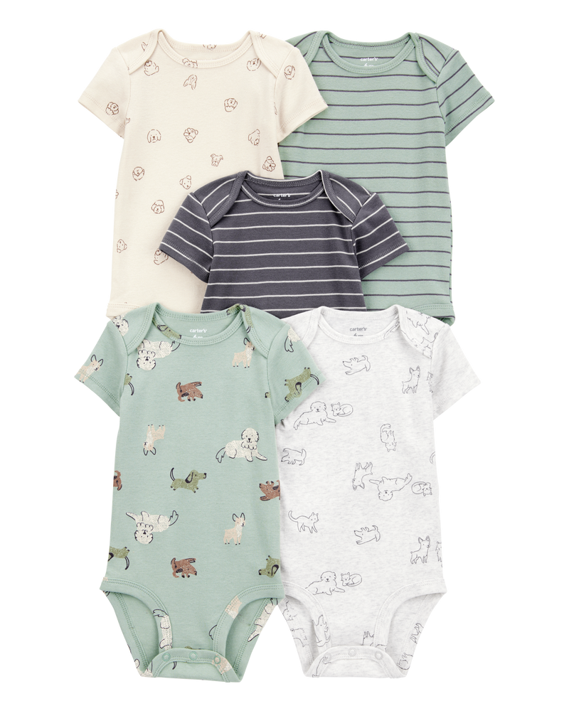 Baby Boy 5-Pack Dog Short-Sleeve Cotton Bodysuits, image 1 of 7 slides