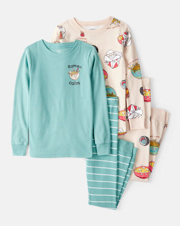 Boys Ramen Calm Print 100% Cotton Long-Sleeve 4-Piece Pajamas - Blue/White, 