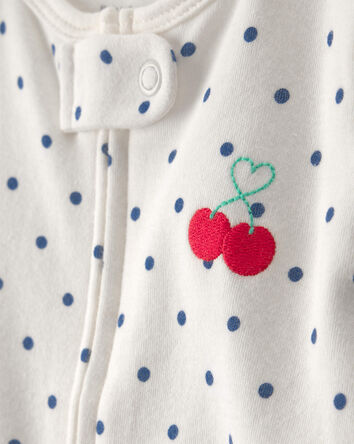 Baby Girl Cherry 2-Way Zip 100% Cotton Sleep & Play Pajama - White, 