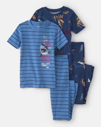 Boys Boat 100% Cotton Snug Fit 4-Piece Pajama Set - Blue, 